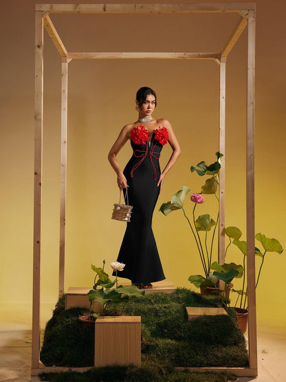 Musay Strapless Flower Crystal Maxi Dress