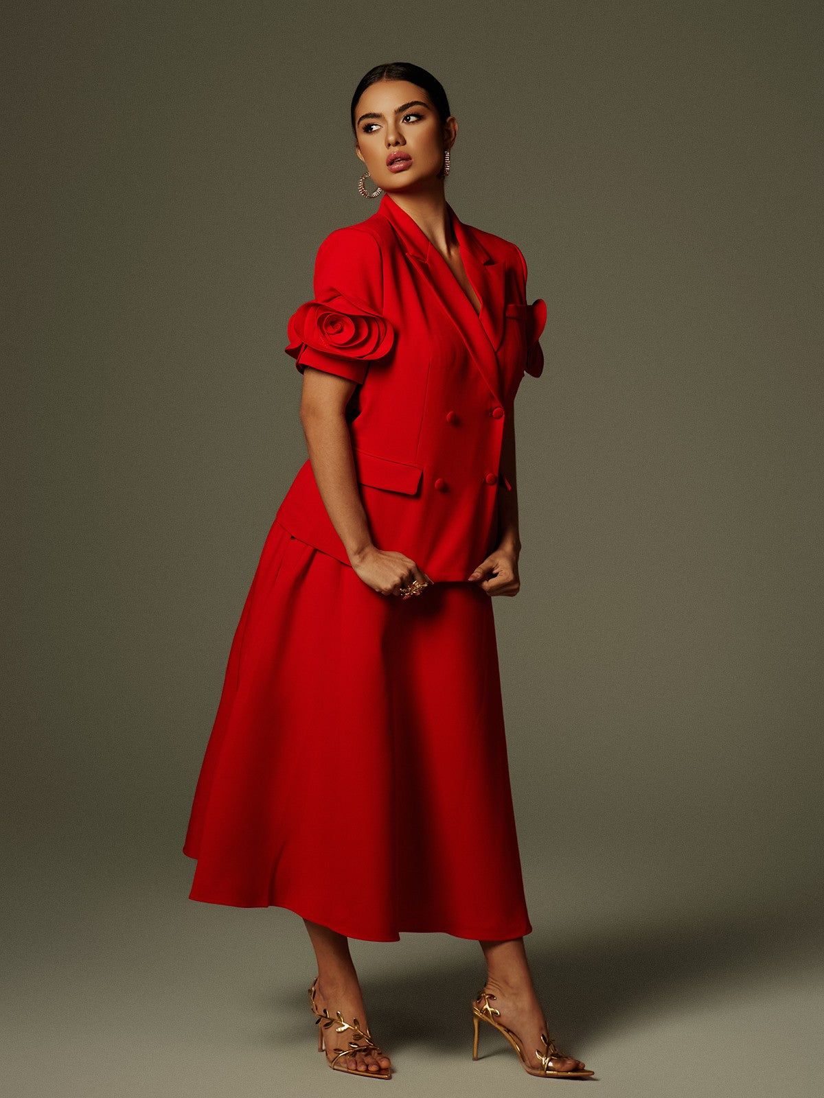 Naniel Short Sleeve Button Up Flower Blazer Set