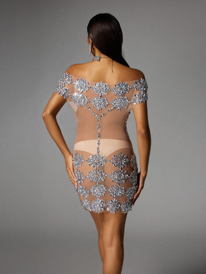 Natosha Off Shoulder Floral Crystal Mini Dress