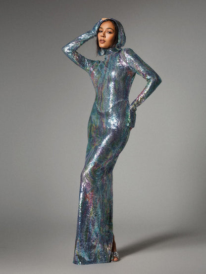 Nebraska Ombre Long Sleeve Hooded Maxi Dress In Light Blue