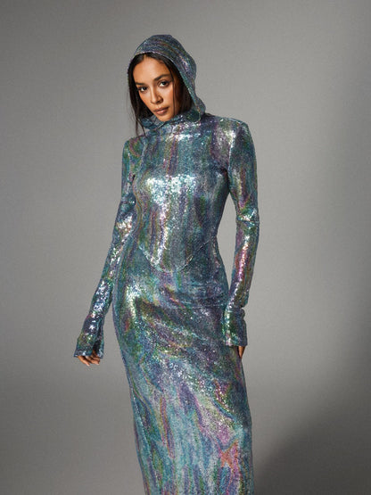 Nebraska Ombre Long Sleeve Hooded Maxi Dress In Light Blue