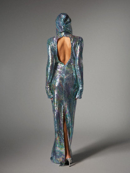 Nebraska Ombre Long Sleeve Hooded Maxi Dress In Light Blue