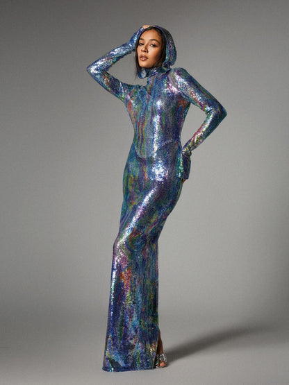 Nebraska Ombre Long Sleeve Hooded Maxi Dress In Blue