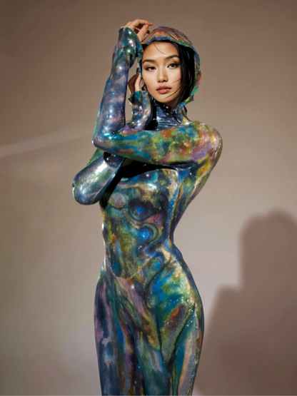 Nebraska Ombre Long Sleeve Hooded Maxi Dress In Blue