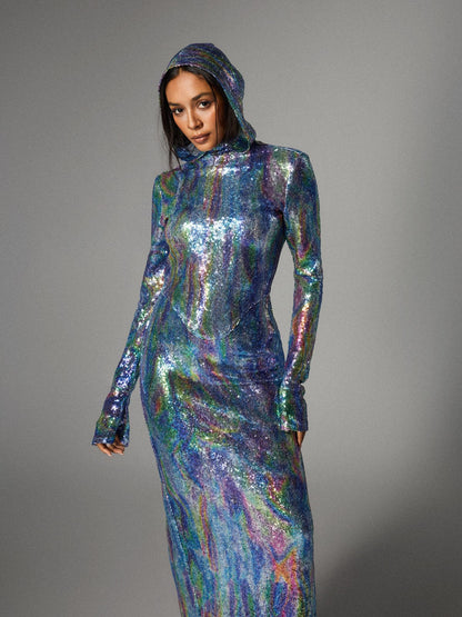 Nebraska Ombre Long Sleeve Hooded Maxi Dress In Blue