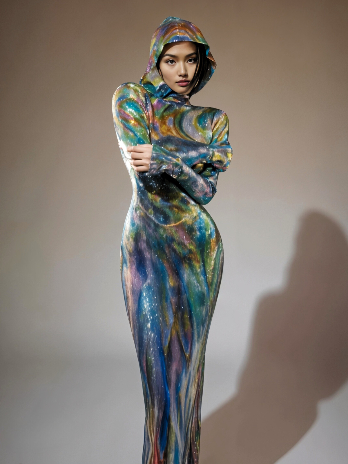 Nebraska Ombre Long Sleeve Hooded Maxi Dress In Blue