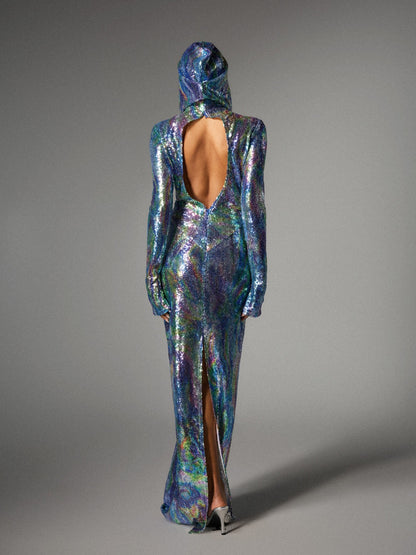 Nebraska Ombre Long Sleeve Hooded Maxi Dress In Blue