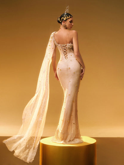 Nebulae One Shoulder Rhinestone Maxi Dress