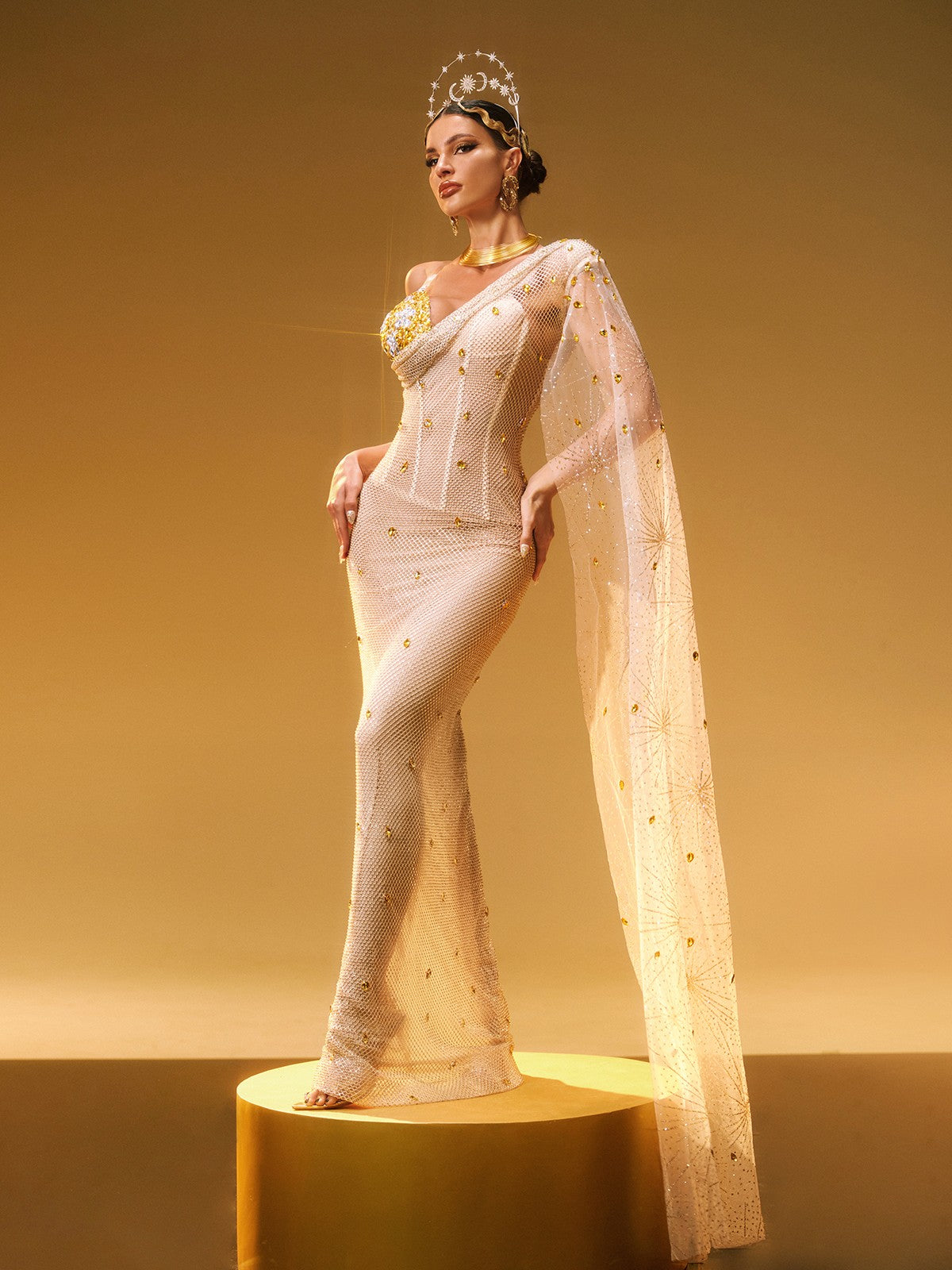 Nebulae One Shoulder Rhinestone Maxi Dress