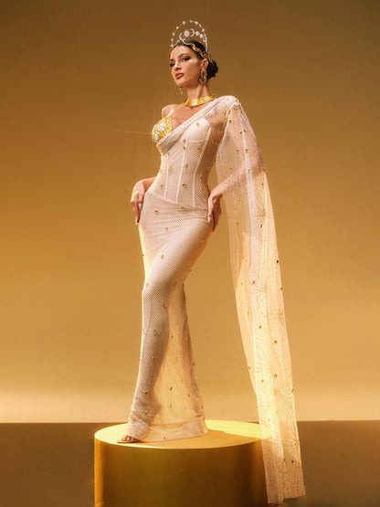 Nebulae One Shoulder Rhinestone Maxi Dress