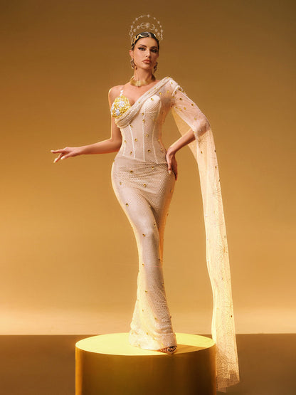 Nebulae One Shoulder Rhinestone Maxi Dress