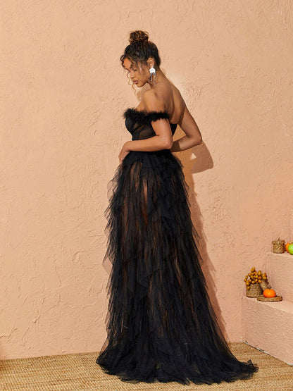 Titania One Shoulder Tulle Maxi Dress In Black