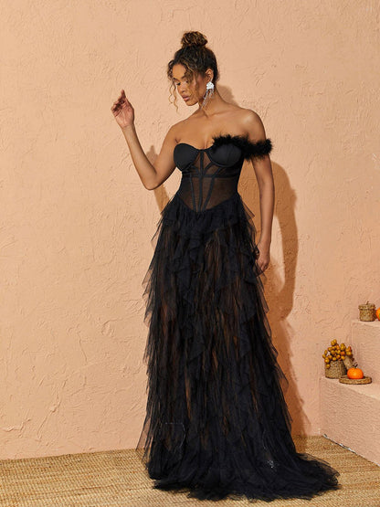 Titania One Shoulder Tulle Maxi Dress In Black