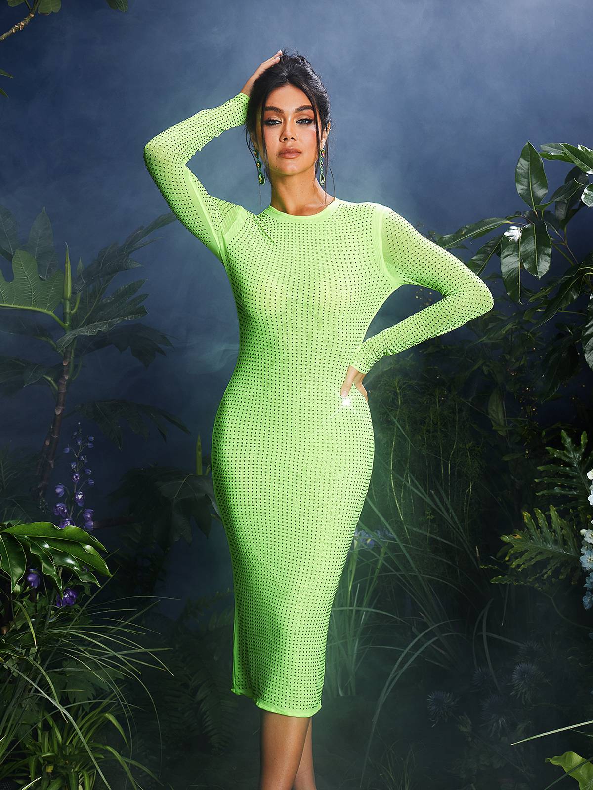 Neriah Crystal Embellished Midi Dress In Green