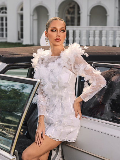 Nexara Long Sleeve Flower Trimmed Mini Dress