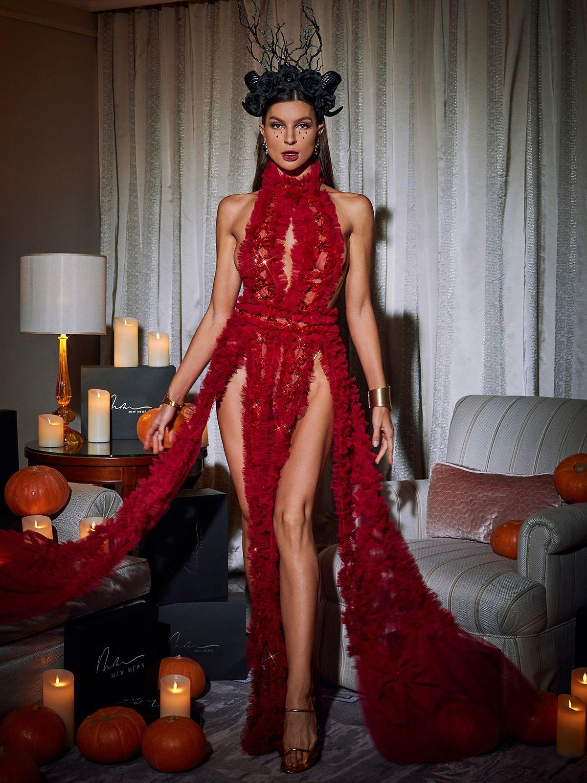 Niam High Collar Tulle Dress In Red