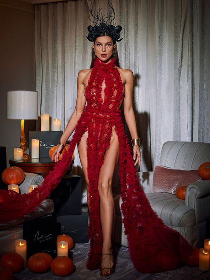 Niam High Collar Tulle Dress In Red