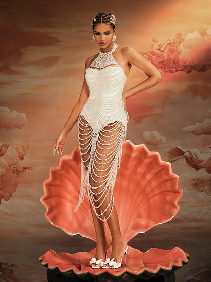 Nicola Halterneck Pearl Fringe Maxi Dress