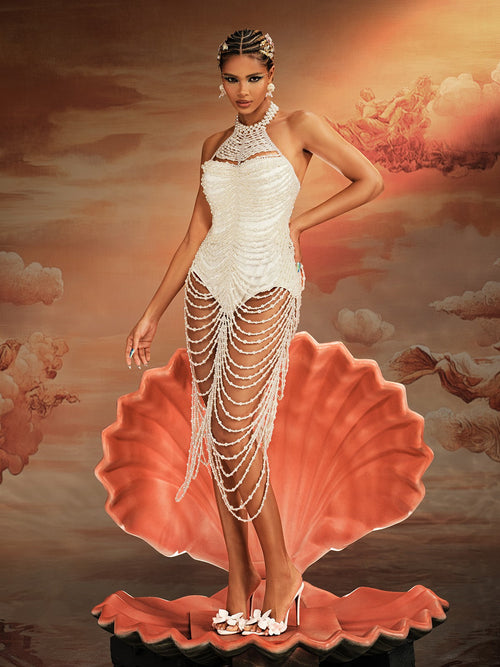 Nicola Halterneck Pearl Fringe Maxi Dress