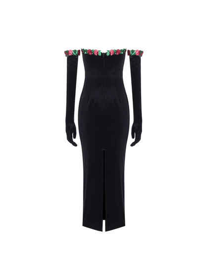 Nilo Flower Sequin Velvet Dress With Gloves