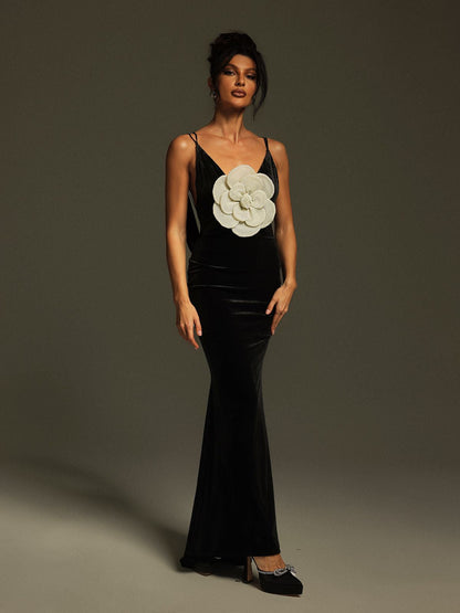 Nketiah Plunge Neck Flower Velvet Maxi Dress