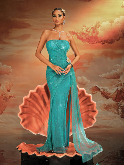 Norbert Strapless Ruched Split Maxi Dress