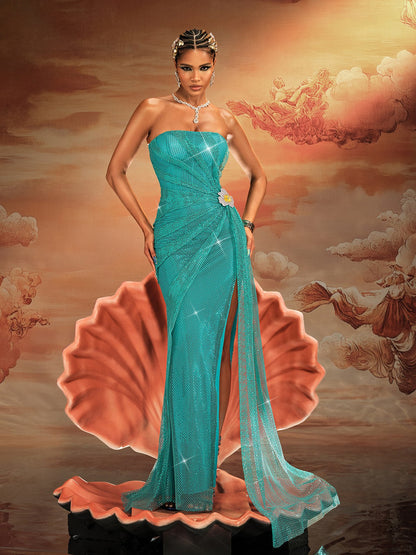 Norbert Strapless Ruched Split Maxi Dress