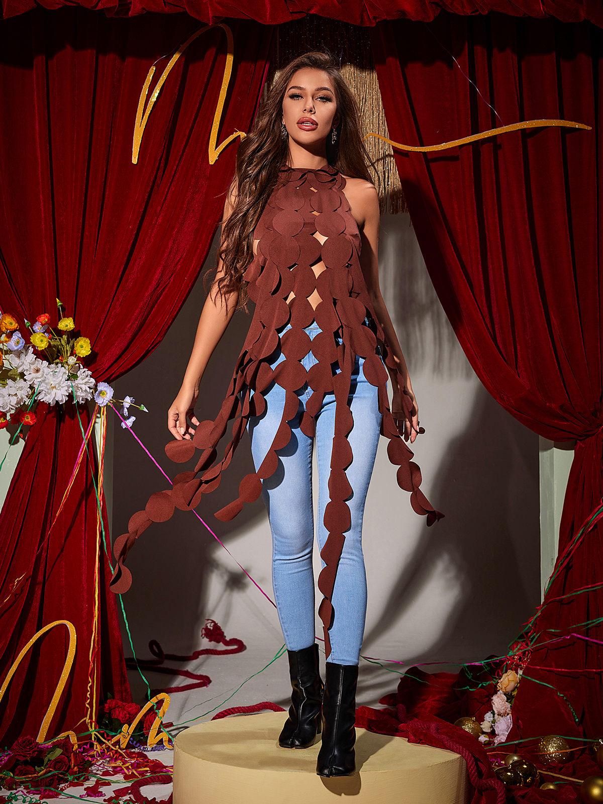 Nyx Backless Circle Cutout Fringe Top In Brown