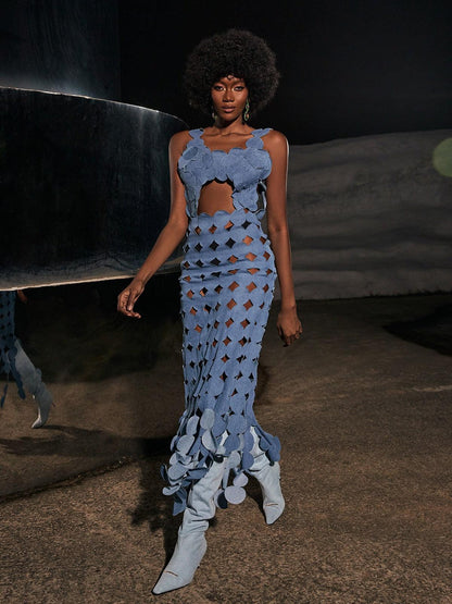 Nyx Circle Cutout Fringe Denim Maxi Dress