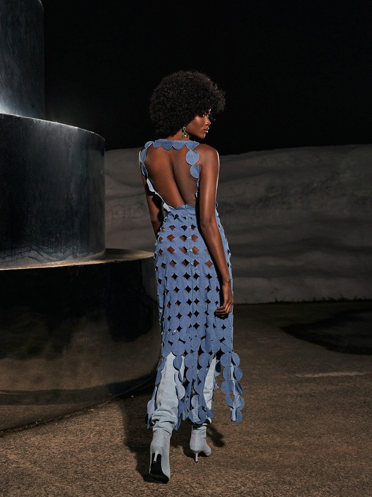 Nyx Circle Cutout Fringe Denim Maxi Dress