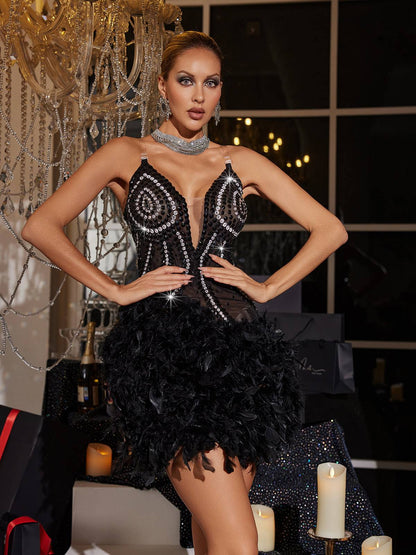 Nyxie Rhinestone Feather Trimmed Mini Dress In Black