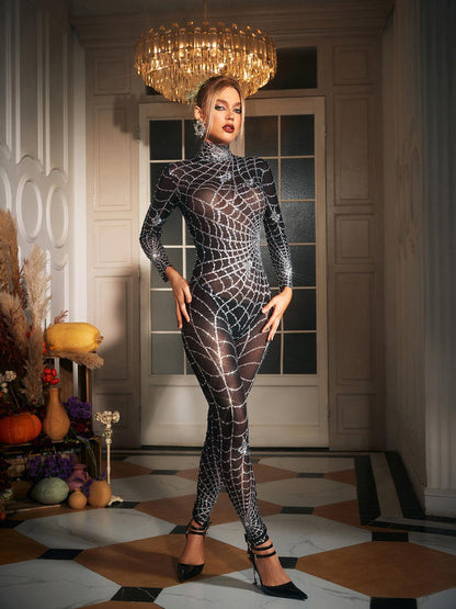 Octavia Cobweb Print Embellished Jumpsuit In Chocolate