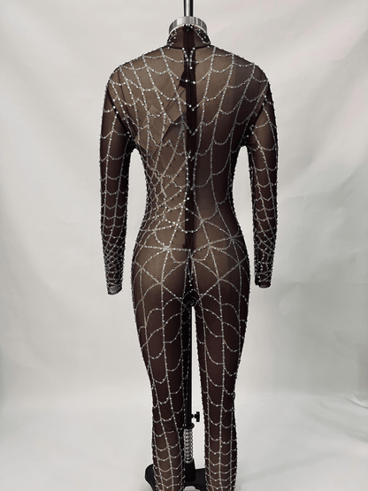 Octavia Cobweb Print Embellished Jumpsuit In Chocolate