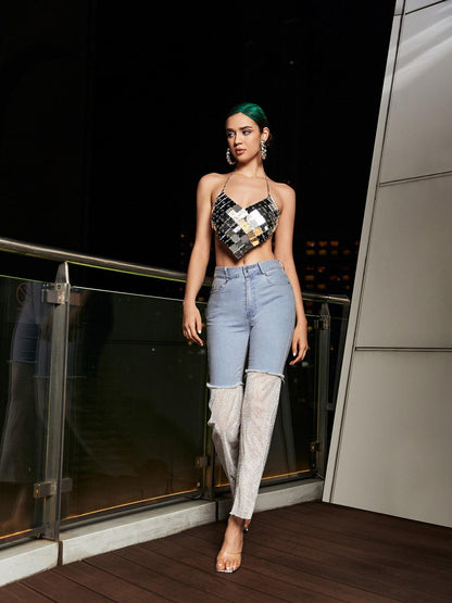 Odelia Mesh Denim Pants In White