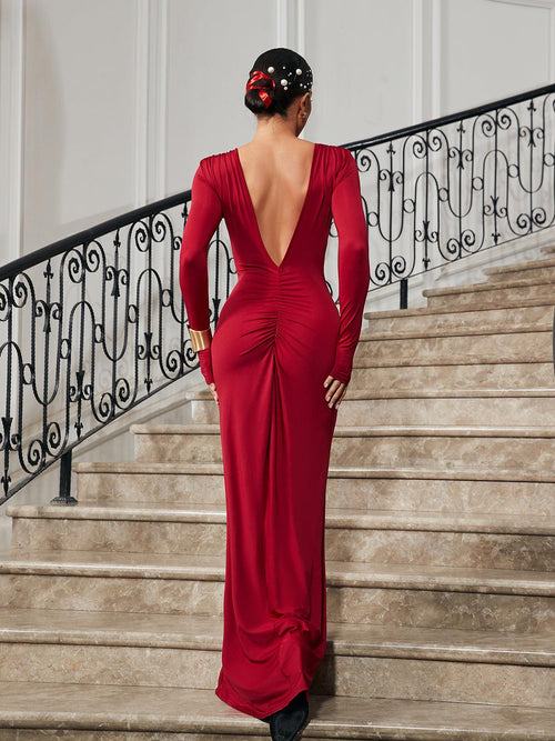 Ofir V Neck Ruched Maxi Dress In Wine