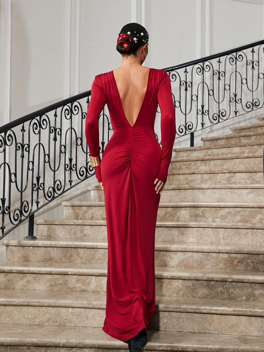 Ofir V Neck Ruched Maxi Dress In Wine