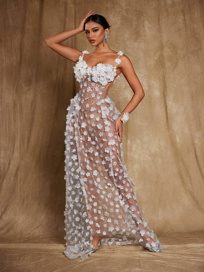 Oksana Spaghetti Flower Corset Maxi Dress In White