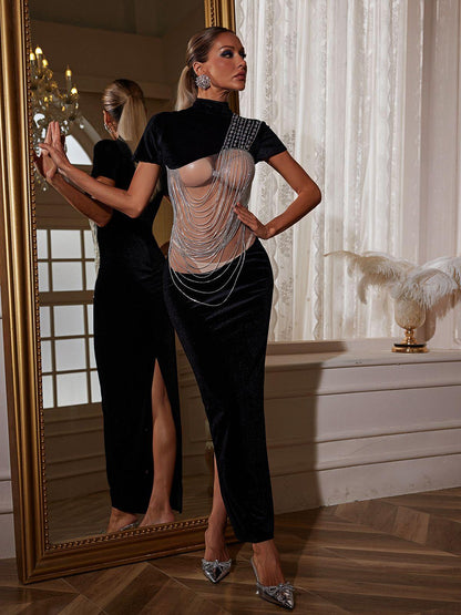 Olday Crystal Chain Velvet Dress