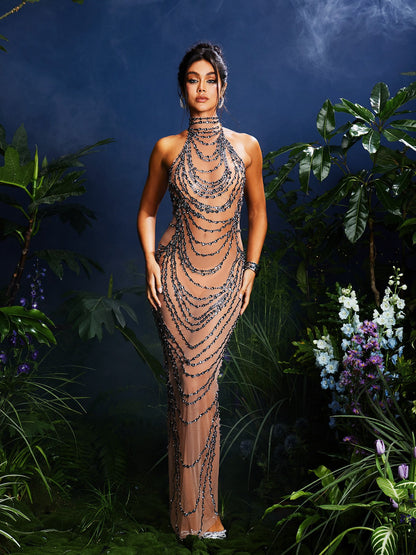 Olisa Halterneck Rhinestone Maxi Dress In Nude