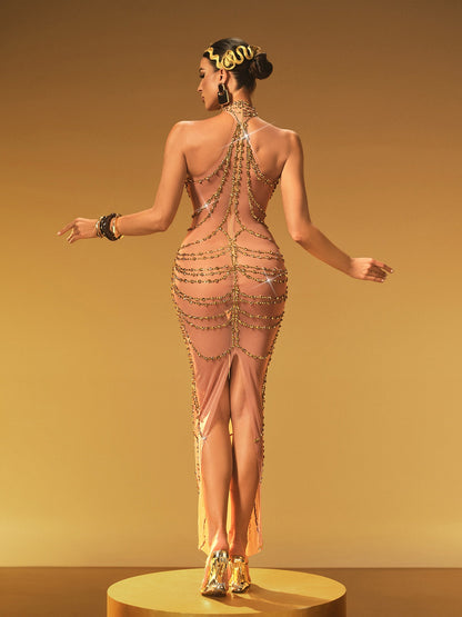 Olisa Halterneck Rhinestone Maxi Dress In Nude