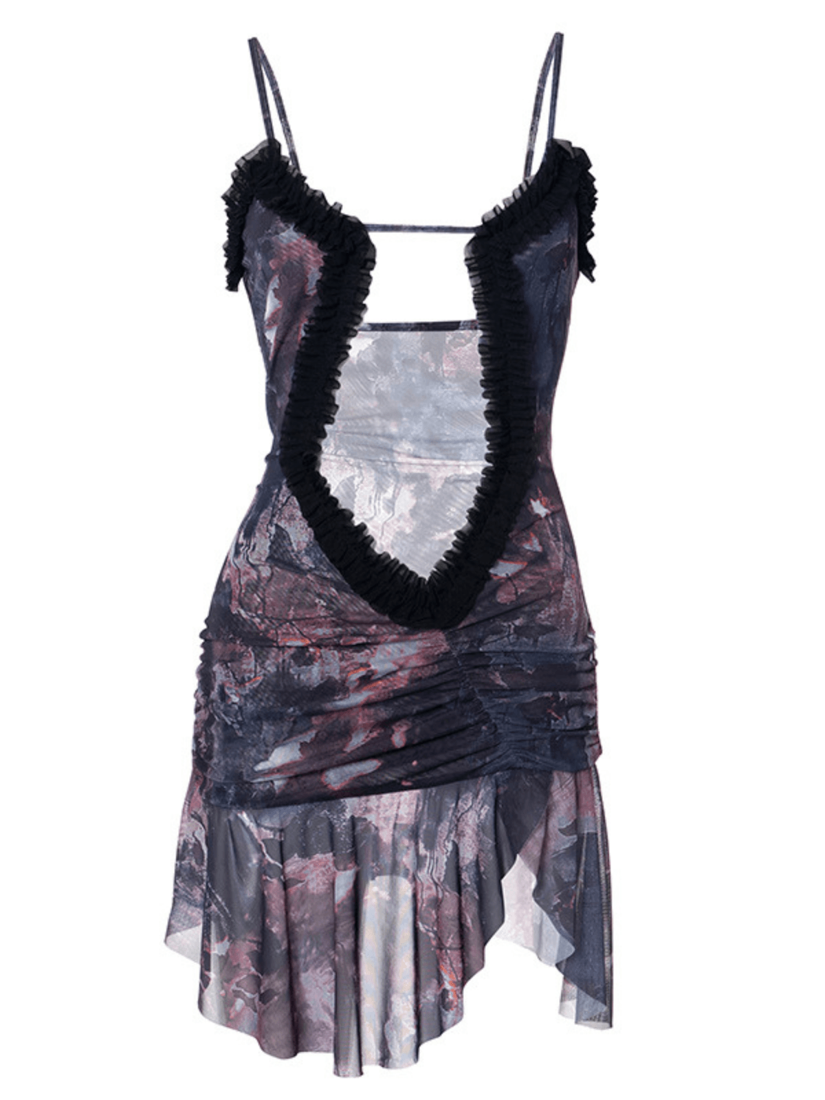 Olivier Ruched Printed Mesh Dress In Grey