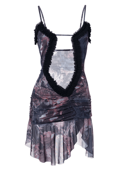 Olivier Ruched Printed Mesh Dress In Grey