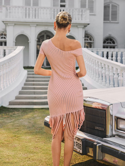 Olythia One Shoulder Fringe Midi Dress In Dusty Pink