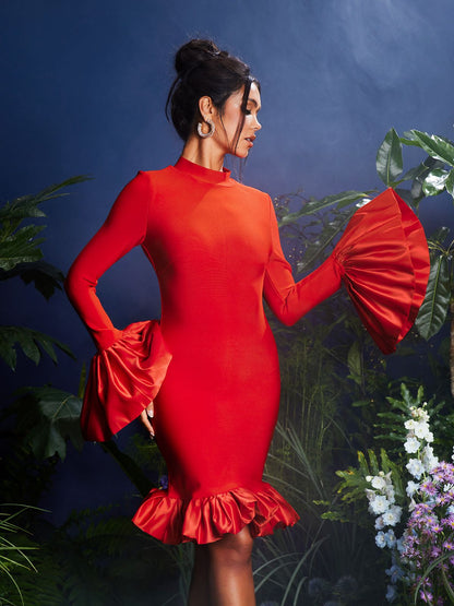 Omiros Flounce Sleeve Bandage Midi Dress