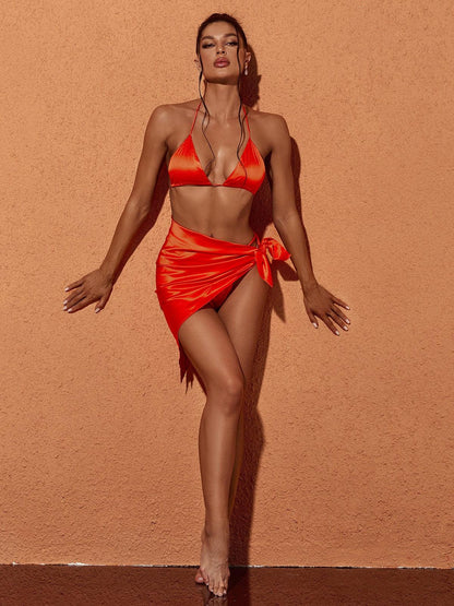 Orelia Satin Bikini Three Piece Set In Orange
