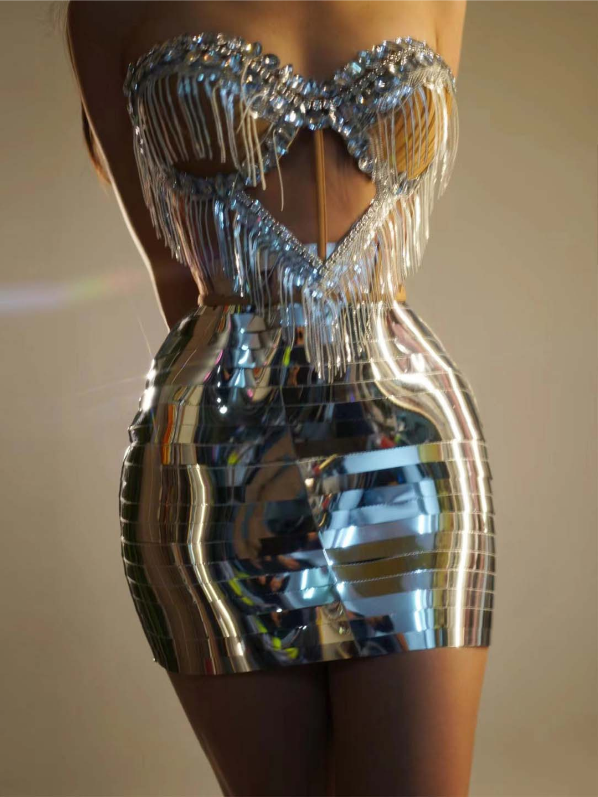 Osorio Rhinestone Fringe Metallic Skirt Set