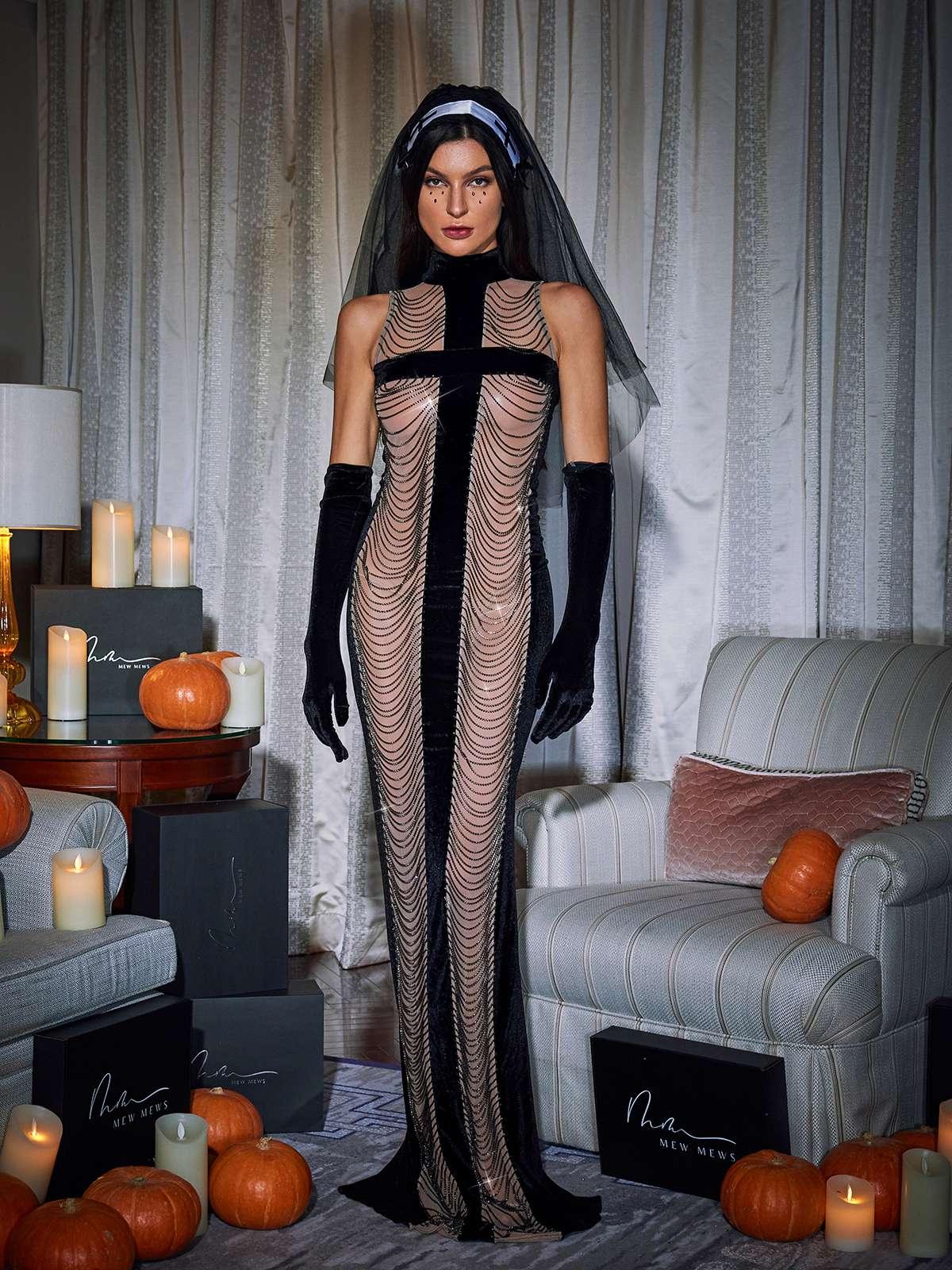 Pablo High Neck Chain Fringe Maxi Dress With Gloves In Black