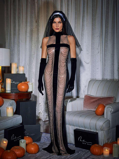 Pablo High Neck Chain Fringe Maxi Dress With Gloves In Black