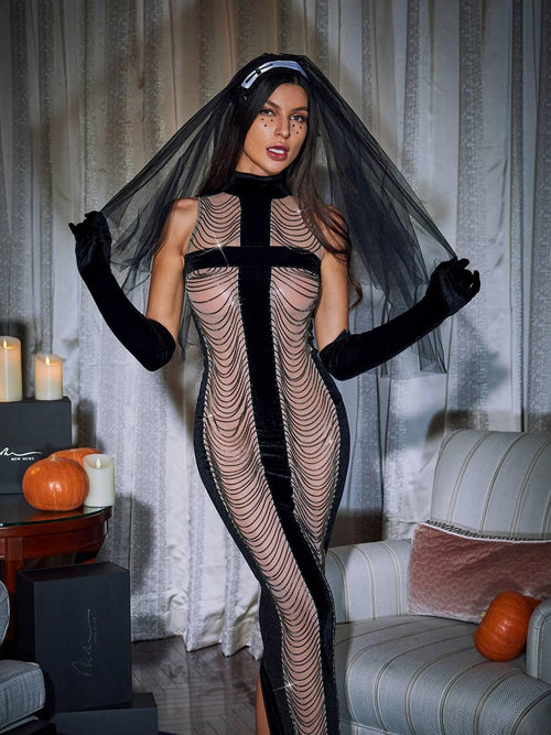 Pablo High Neck Chain Fringe Maxi Dress With Gloves In Black