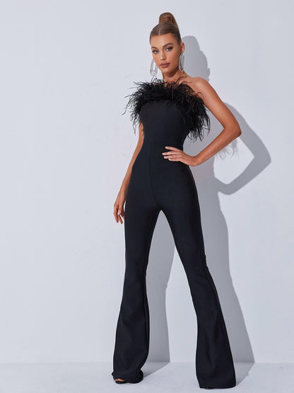 Padma Bandeau Feather Bandage Jumpsuit In Black